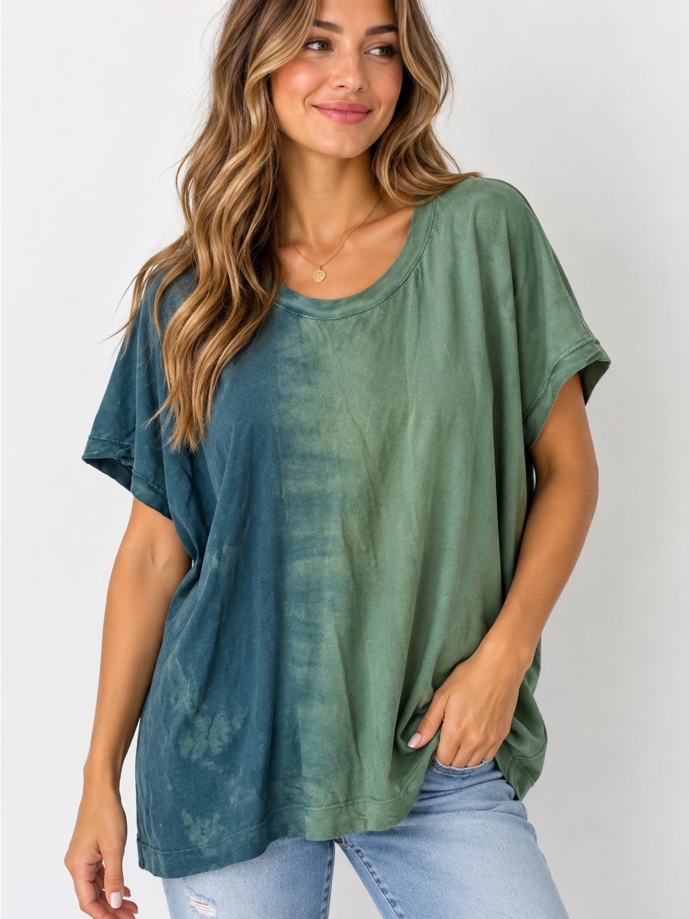 Anthro Saturday Sunday Womens Green Tie Dye Boho Oversized Boxy T Shirt, Size S